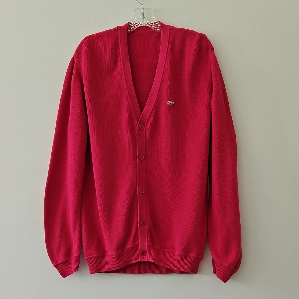 Lacoste Button Front Cardigan Sweater Hot Pink Prep‎ Vneck Size L-XL
